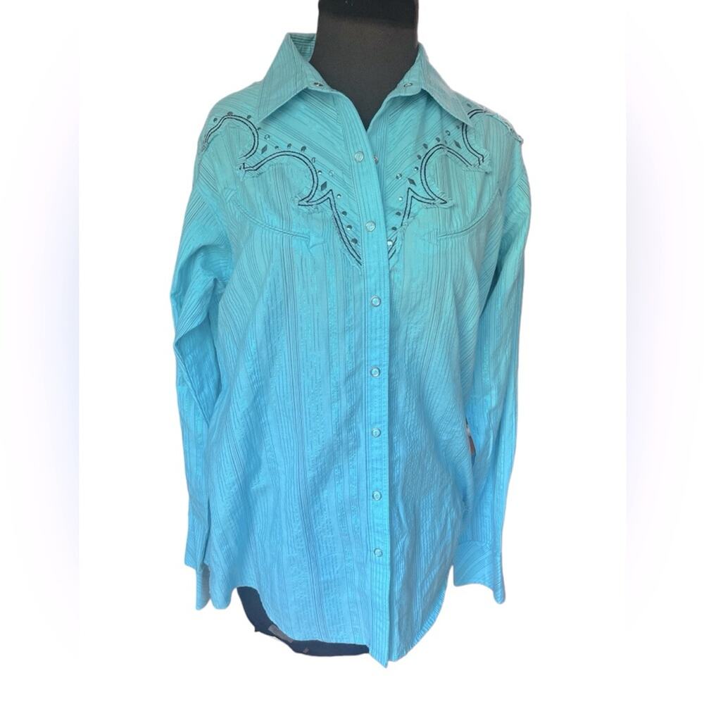 Ariat Blue Shimmer Striped Rodeo Embroidered Western Cassandra Pearl Snap Blouse